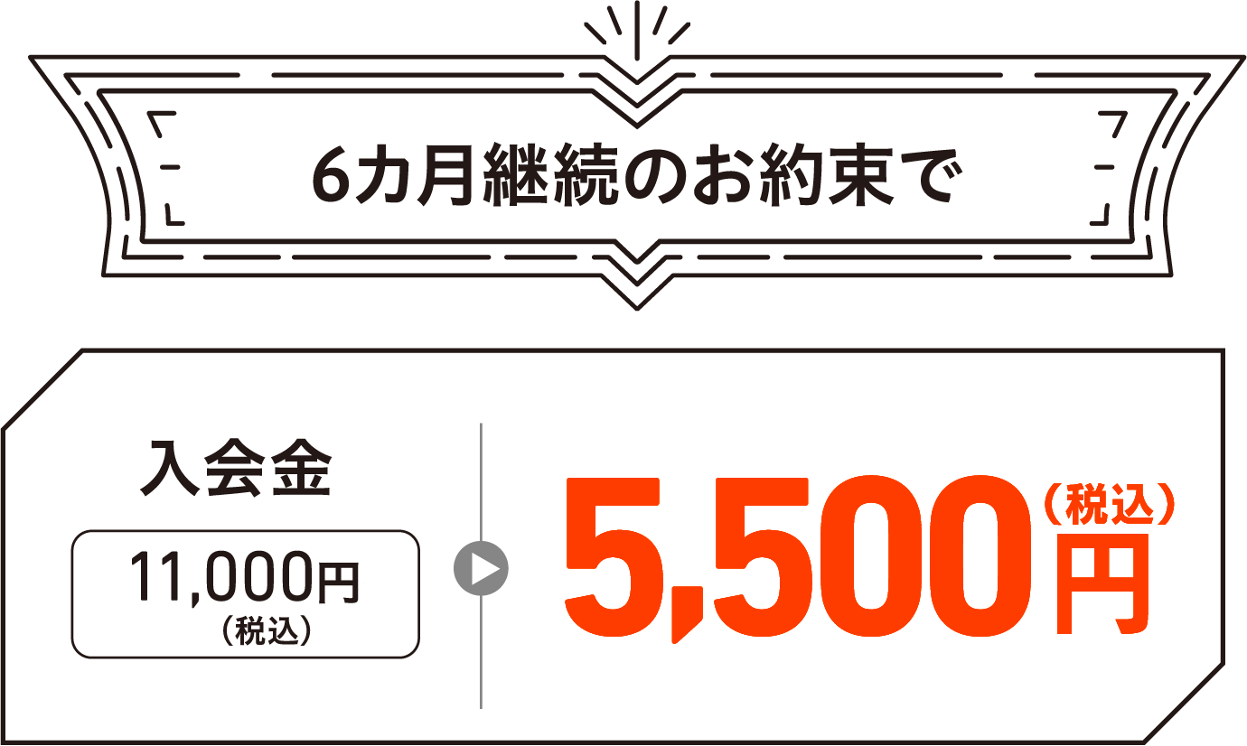 6ヶ月継続のお約束で 入会金11,000円〜（税込）が5,500円円（税込み）